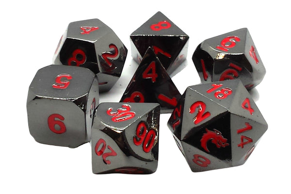 Old School 7 Piece DnD RPG Metal Dice Set: Halfling Forged - Black Nickel w/ Red