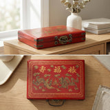 Traditional Chinese Mahjong Set Travel Size, Red Leatherette Travel Case with Ornate Dragon Design, 144 Tiles 24mm White Tiles