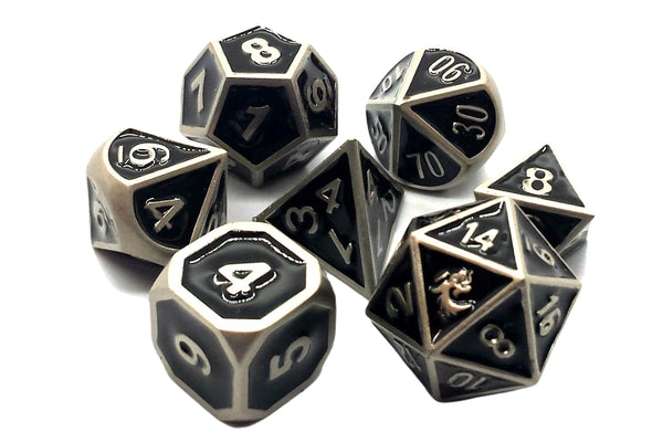Old School 7 Piece DnD RPG Metal Dice Set: Elven Forged - Black w/ Silver
