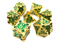 Old School 7 Piece DnD RPG Metal Dice Set: Gnome Forged - Gold w/ Green