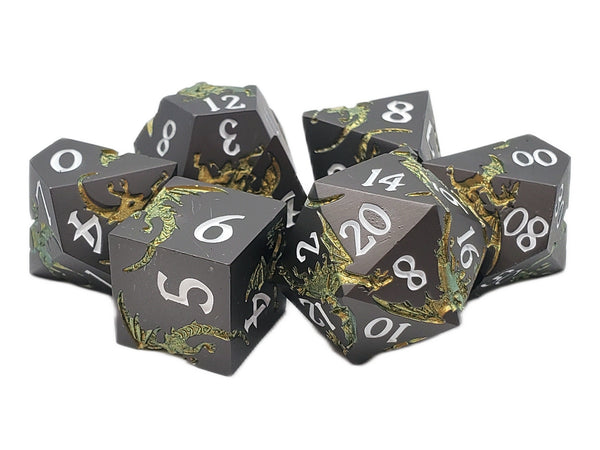 Old School 7 Piece DnD RPG Metal Dice Set: Soaring Dragon - Gold w/ Matte Black