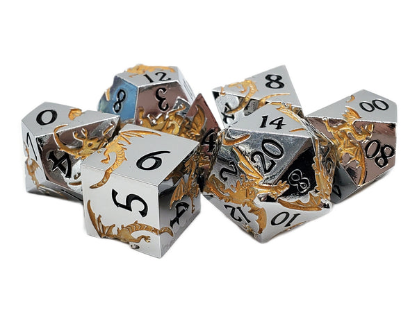 Old School 7 Piece DnD RPG Metal Dice Set: Soaring Dragon - Gold w/ Silver