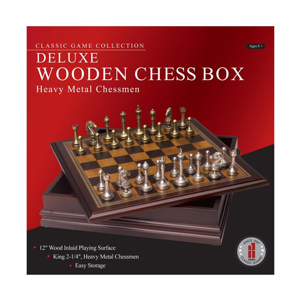 Deluxe Wooden Chess Box with Heavy Metal Chessmen